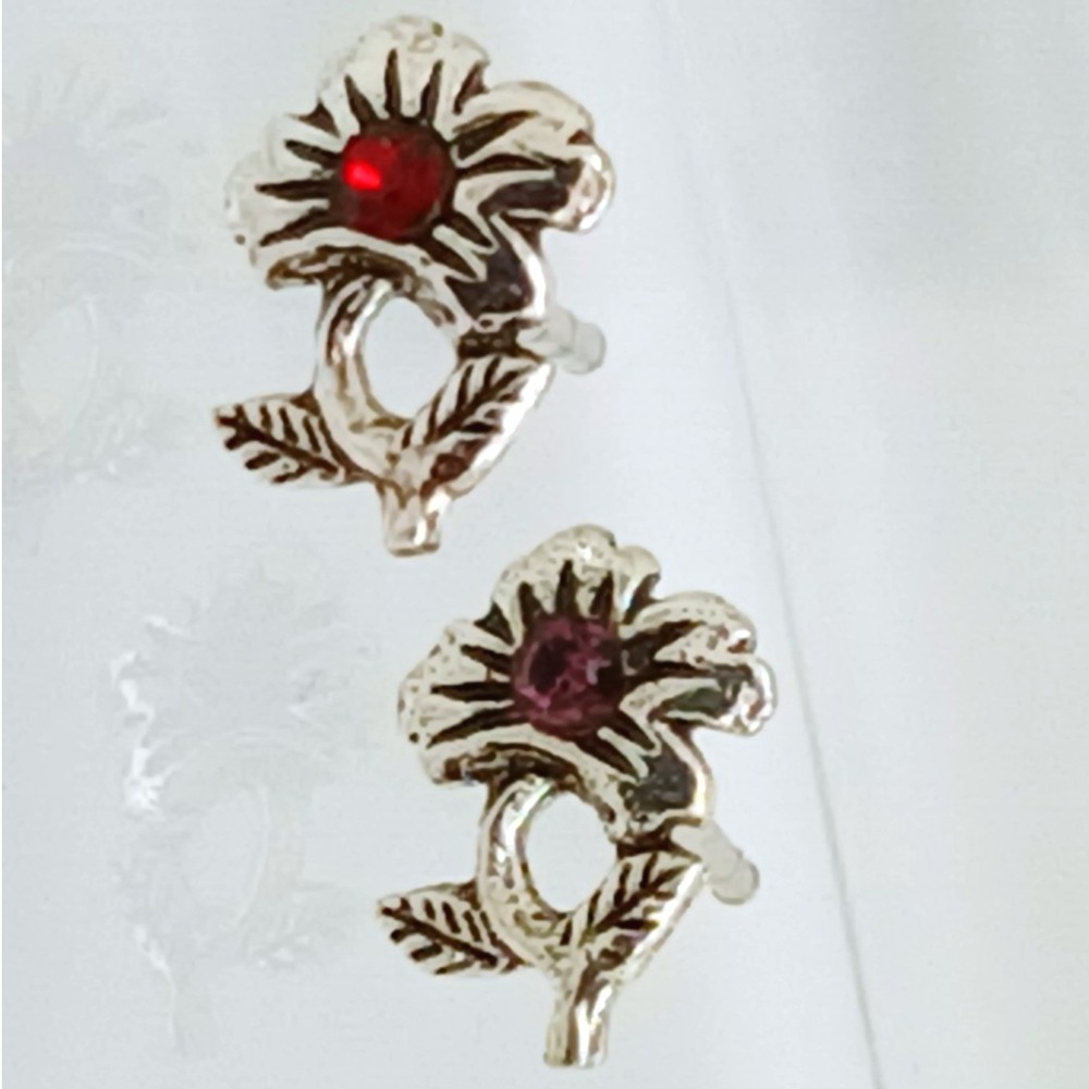 Sterling Silver 925 Floral Red Crystal Stud Earrings Flower‎ Leaf Nature Jewelry